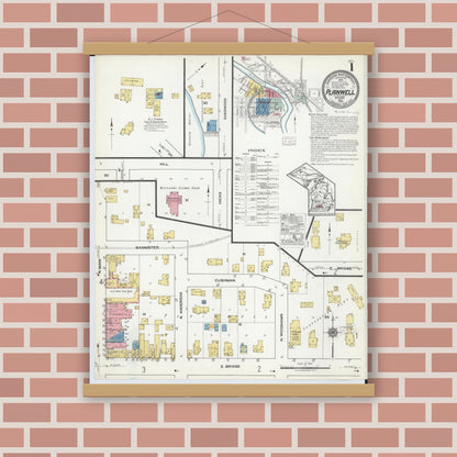 Old map wall art mockup — magnetic wood frame on brick wall — Sanborn Fire Insurance Map from Plainwell, Allegan County, Michigan (1918), Sheet #0001