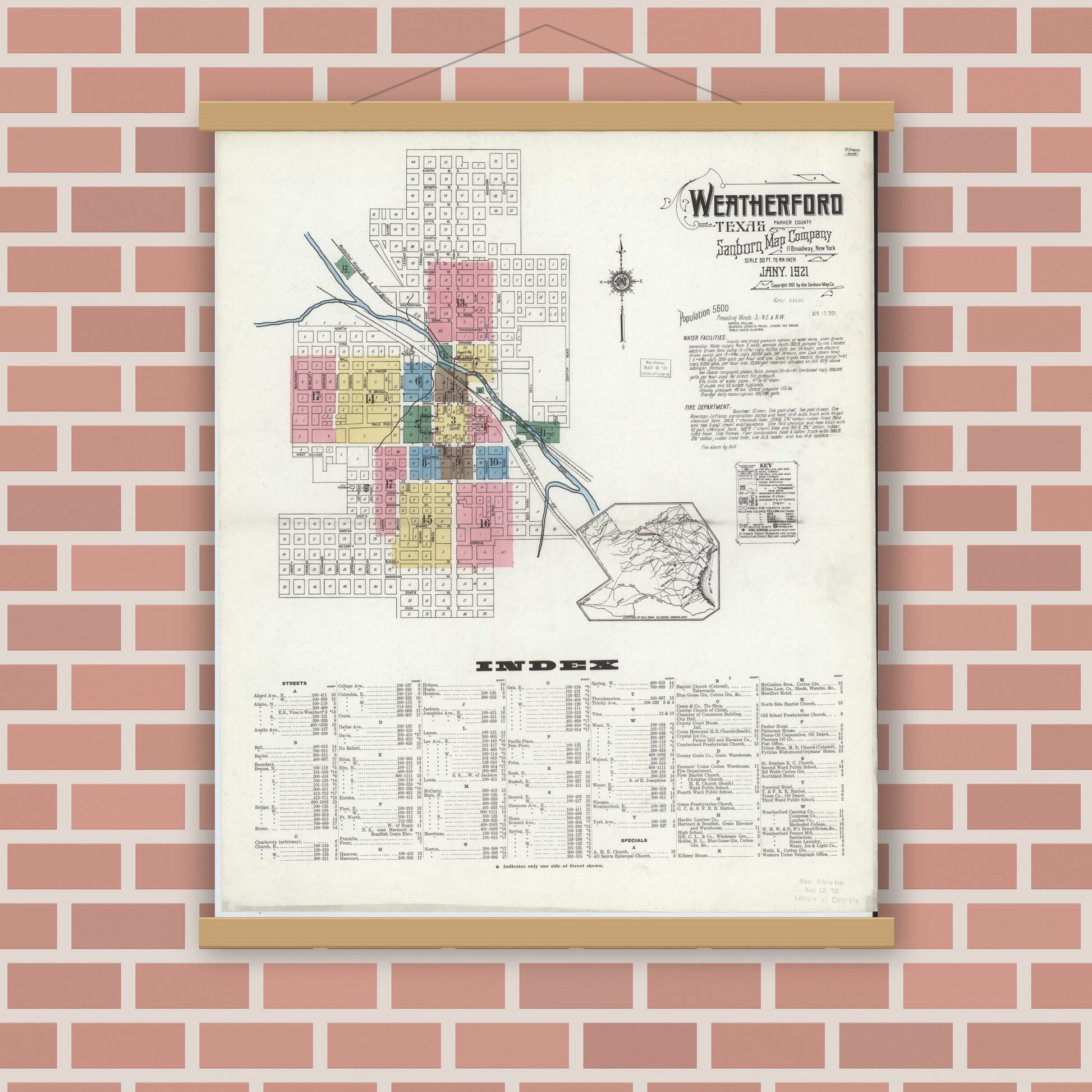 Old map wall art mockup — magnetic wood frame on brick wall — Sanborn Fire Insurance Map from Weatherford, Parker County, Texas (1921), Sheet #0001