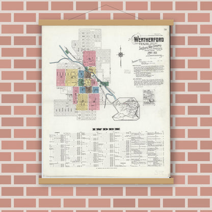 Old map wall art mockup — magnetic wood frame on brick wall — Sanborn Fire Insurance Map from Weatherford, Parker County, Texas (1921), Sheet #0001