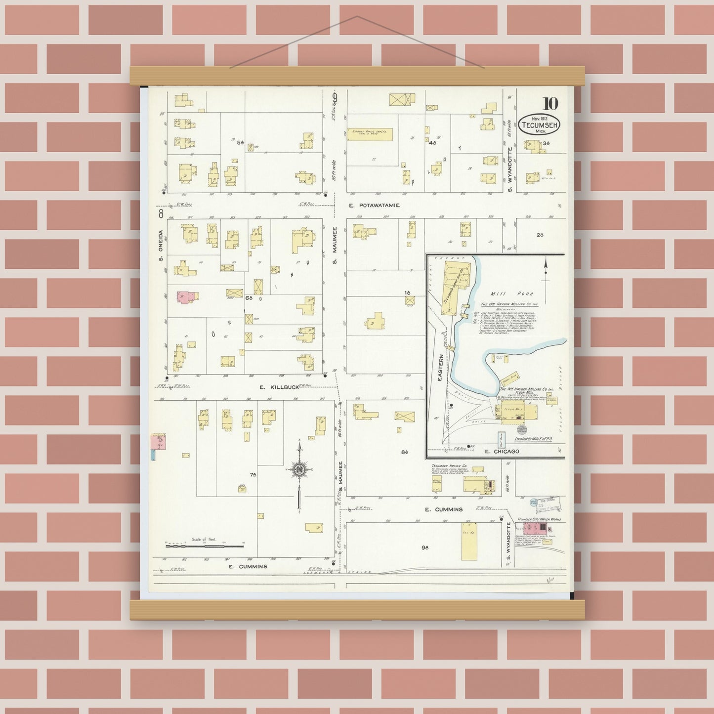 Old map wall art mockup — magnetic wood frame on brick wall — Sanborn Fire Insurance Map from Tecumseh, Lenawee County, Michigan (1912), Sheet #0010