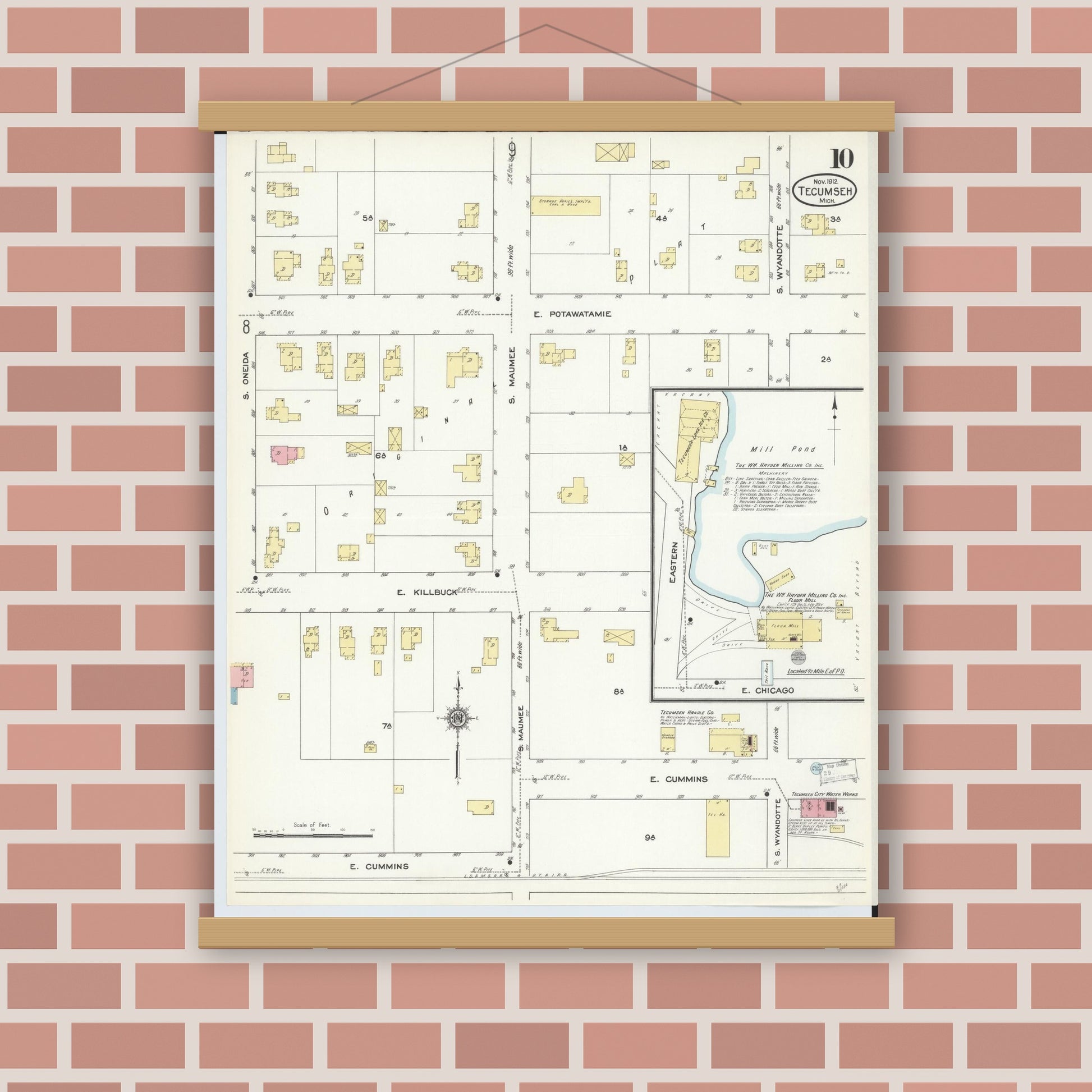 Old map wall art mockup — magnetic wood frame on brick wall — Sanborn Fire Insurance Map from Tecumseh, Lenawee County, Michigan (1912), Sheet #0010