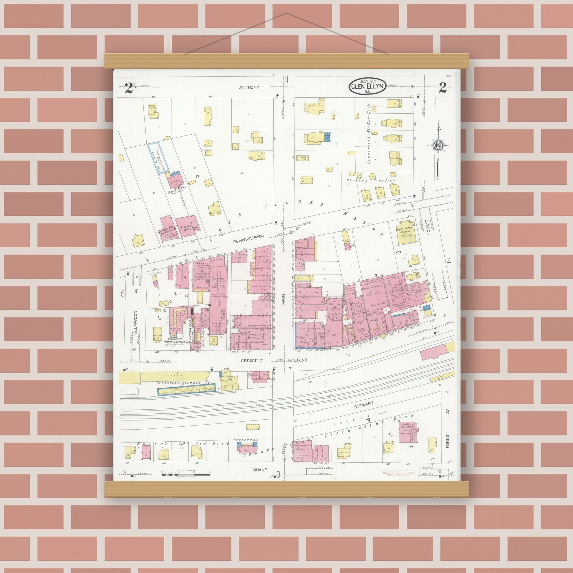 Old map wall art mockup — magnetic wood frame on brick wall — Sanborn Fire Insurance Map from Glen Ellyn, Du Page County, Illinois (1929), Sheet #0002