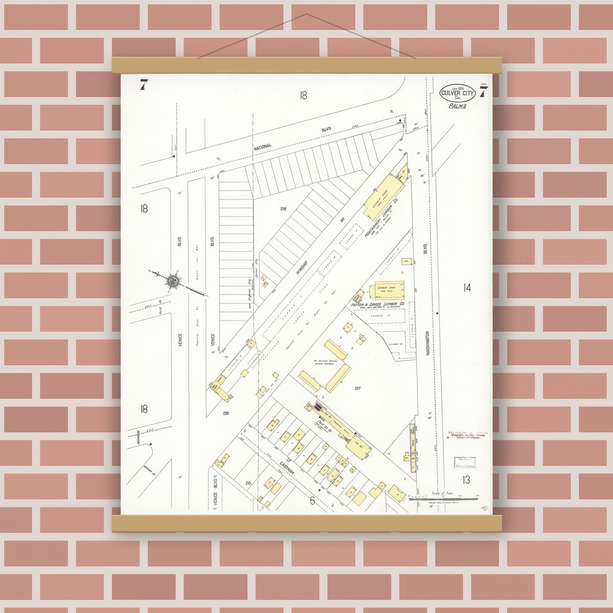 Old map wall art mockup — magnetic wood frame on brick wall — Sanborn Fire Insurance Map from Culver City, Los Angeles County, California (1924), Sheet #0007