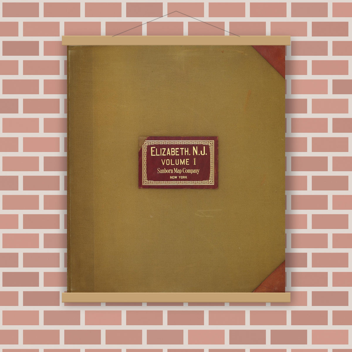 Old map wall art mockup — magnetic wood frame on brick wall — Sanborn Fire Insurance Map from Elizabeth, Union County, New Jersey (1950), Sheet #0001