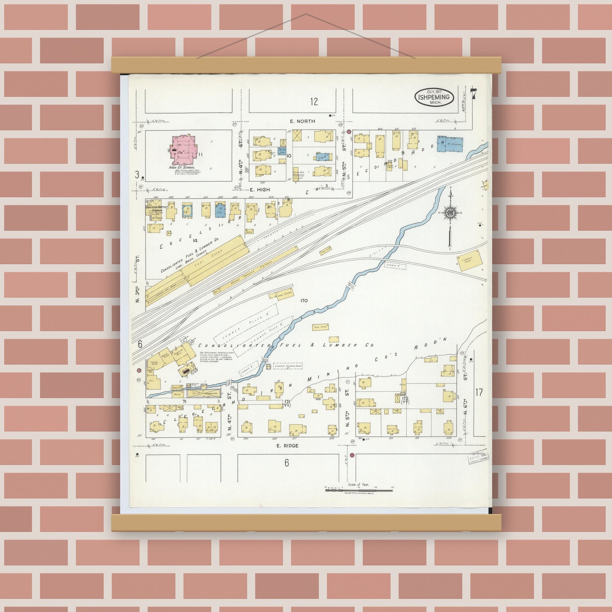 Old map wall art mockup — magnetic wood frame on brick wall — Sanborn Fire Insurance Map from Ishpeming, Marquette County, Michigan (1917), Sheet #0007