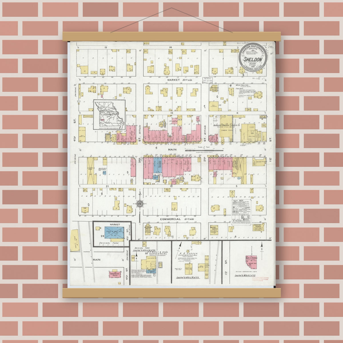 Old map wall art mockup — magnetic wood frame on brick wall — Sanborn Fire Insurance Map from Sheldon, Vernon County, Missouri (1918), Sheet #0001