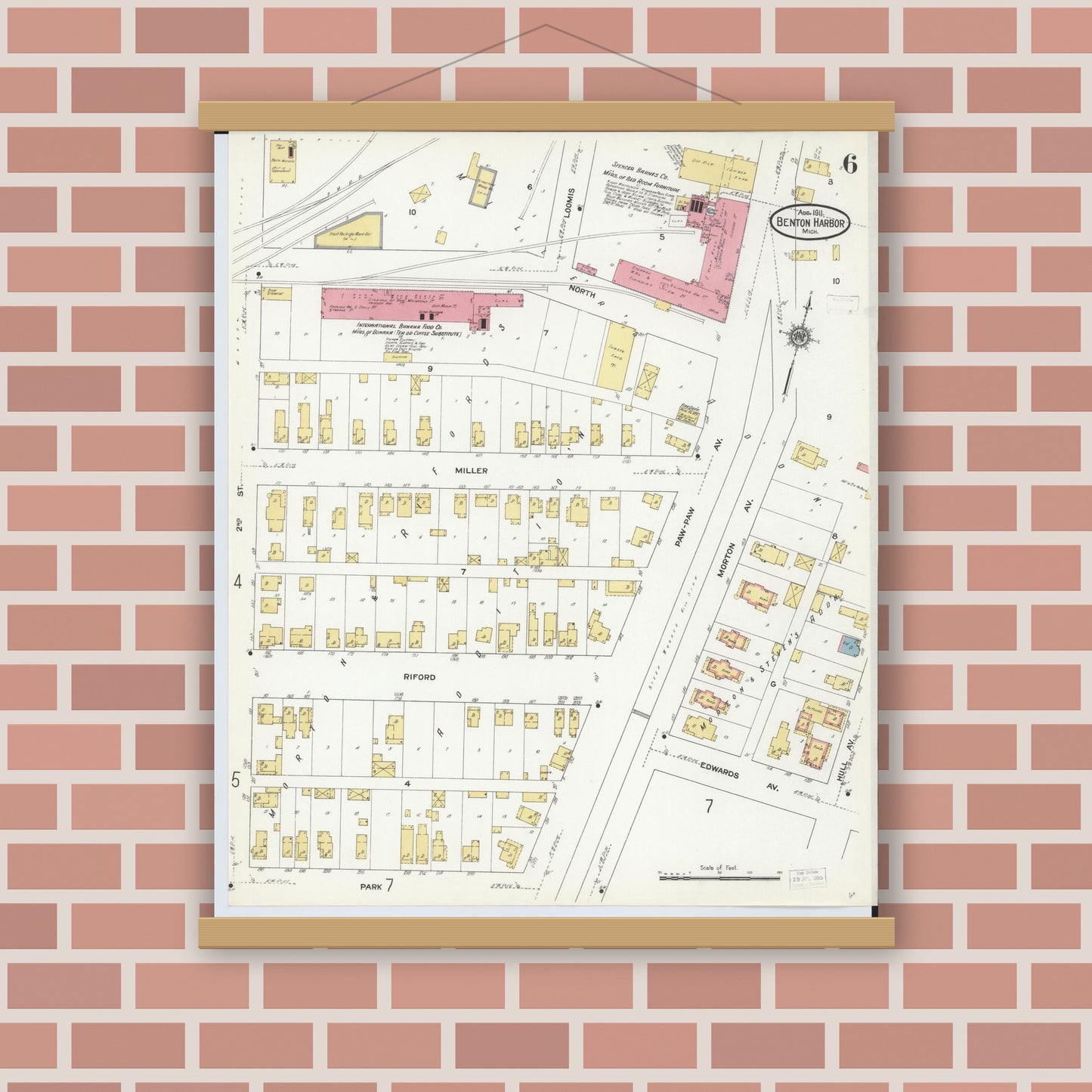 Old map wall art mockup — magnetic wood frame on brick wall — Sanborn Fire Insurance Map from Benton Harbor, Berrien County, Michigan (1911), Sheet #0006