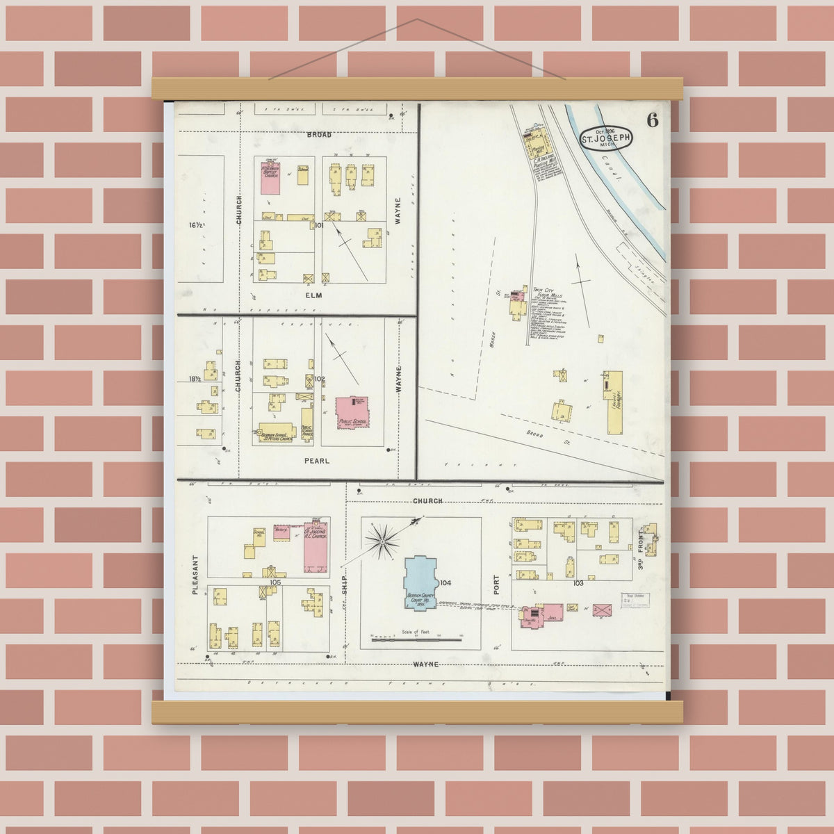 Old map wall art mockup — magnetic wood frame on brick wall — Sanborn Fire Insurance Map from Saint Joseph, Berrien County, Michigan (1896), Sheet #0006