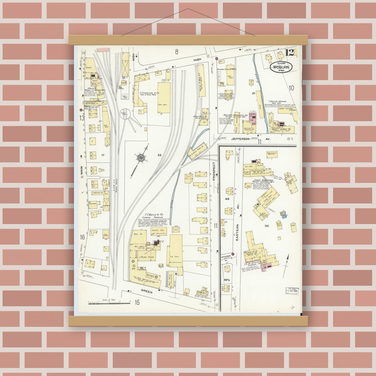 Old map wall art mockup — magnetic wood frame on brick wall — Sanborn Fire Insurance Map from Woburn, Middlesex County, Massachusetts (1910), Sheet #0012