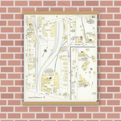 Old map wall art mockup — magnetic wood frame on brick wall — Sanborn Fire Insurance Map from Woburn, Middlesex County, Massachusetts (1910), Sheet #0012