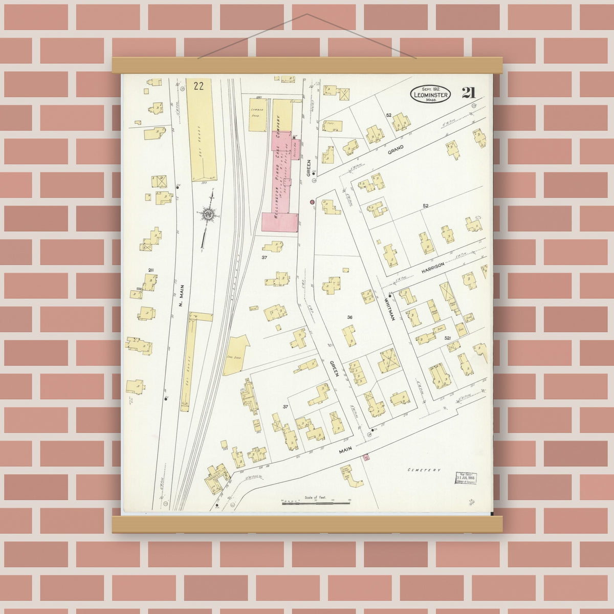 Old map wall art mockup — magnetic wood frame on brick wall — Sanborn Fire Insurance Map from Leominster, Worcester County, Massachusetts (1912), Sheet #0021