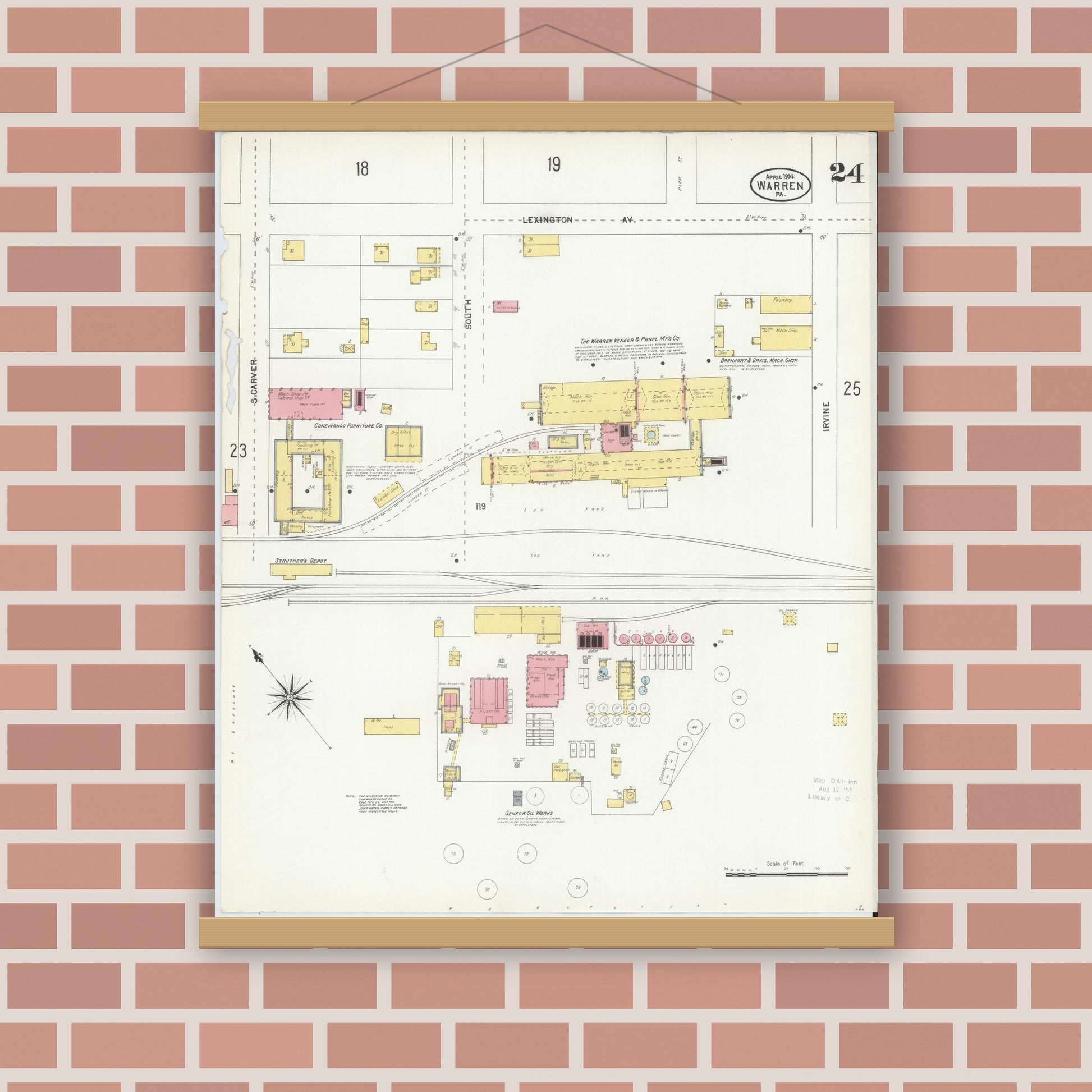 Old map wall art mockup — magnetic wood frame on brick wall — Sanborn Fire Insurance Map from Warren, Warren County, Pennsylvania (1904), Sheet #0024