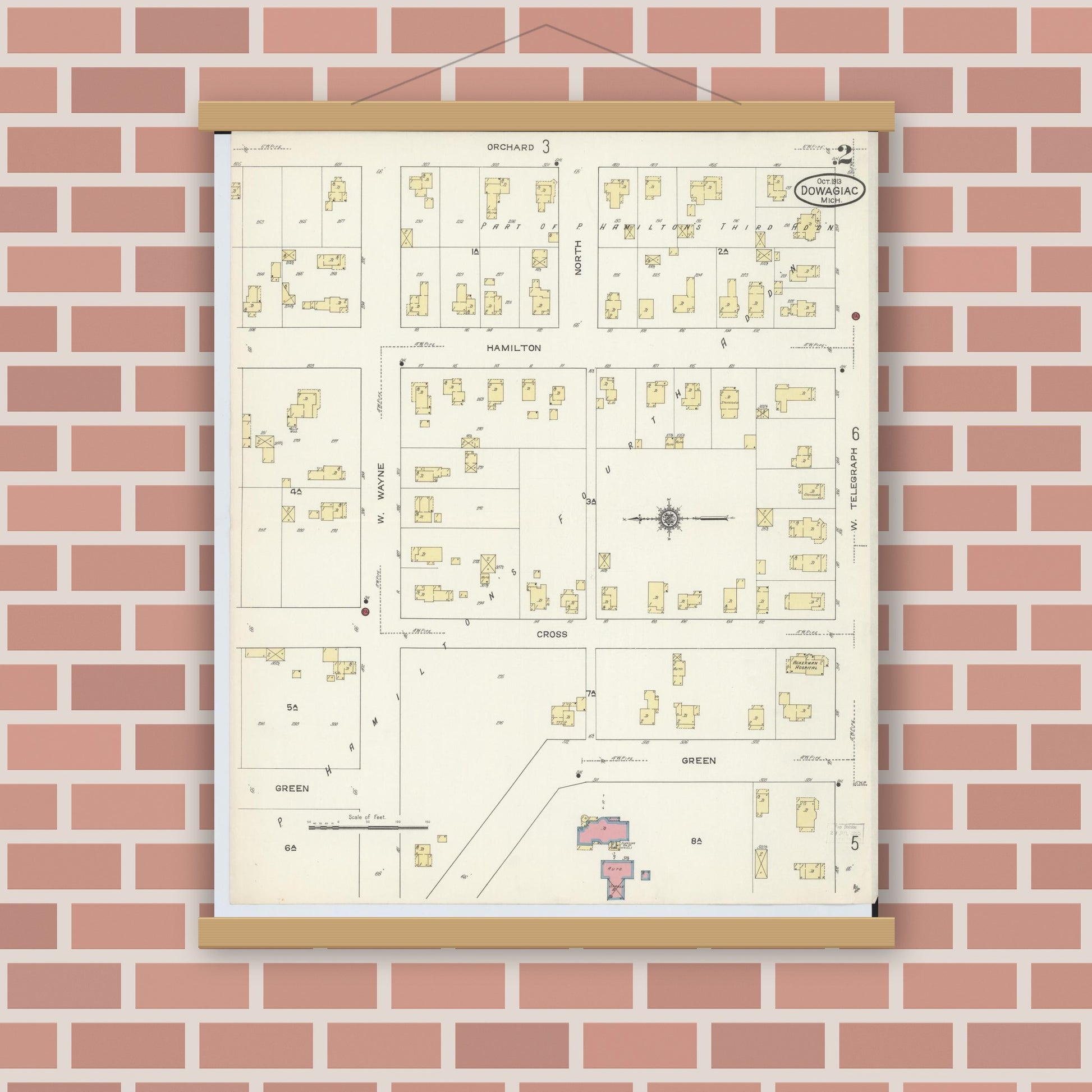 Old map wall art mockup — magnetic wood frame on brick wall — Sanborn Fire Insurance Map from Dowagiac, Cass County, Michigan (1913), Sheet #0002