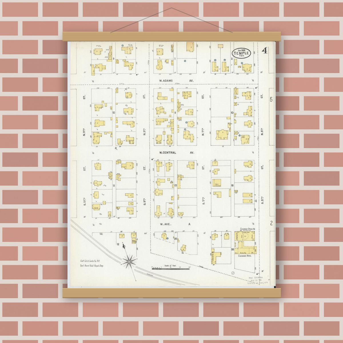 Old map wall art mockup — magnetic wood frame on brick wall — Sanborn Fire Insurance Map from Temple, Bell County, Texas (1900), Sheet #0004