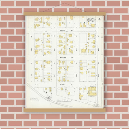 Old map wall art mockup — magnetic wood frame on brick wall — Sanborn Fire Insurance Map from Temple, Bell County, Texas (1900), Sheet #0004