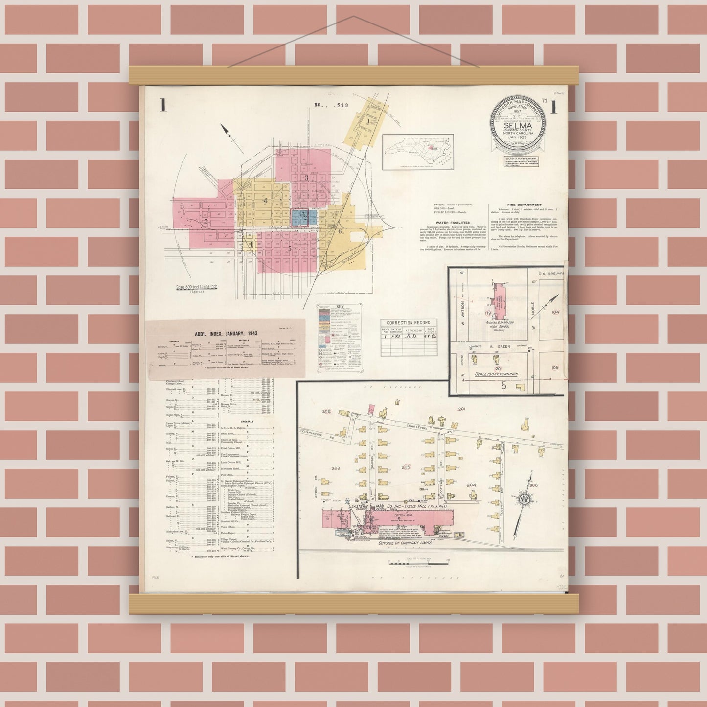 Old map wall art mockup — magnetic wood frame on brick wall — Sanborn Fire Insurance Map from Selma, Johnston County, North Carolina (1943), Sheet #0001