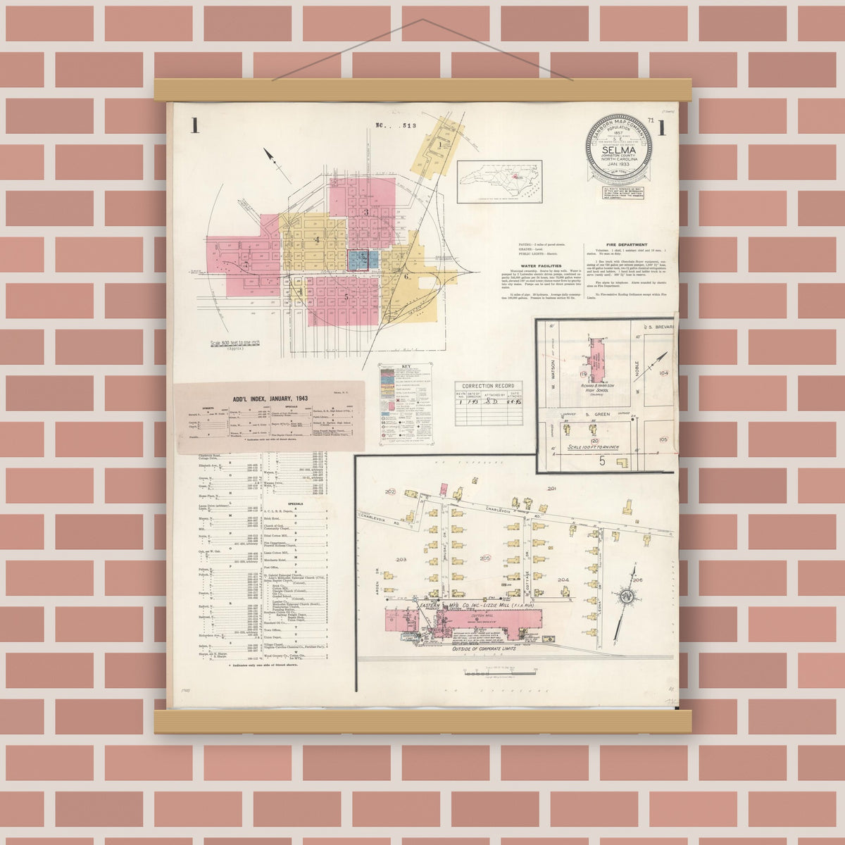 Old map wall art mockup — magnetic wood frame on brick wall — Sanborn Fire Insurance Map from Selma, Johnston County, North Carolina (1943), Sheet #0001