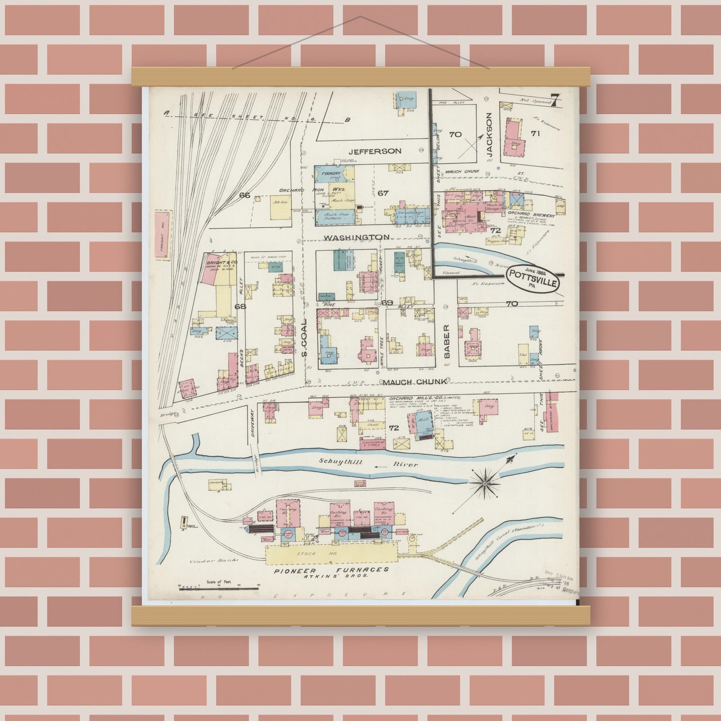 Old map wall art mockup — magnetic wood frame on brick wall — Sanborn Fire Insurance Map from Pottsville, Schuylkill County, Pennsylvania (1885), Sheet #0007