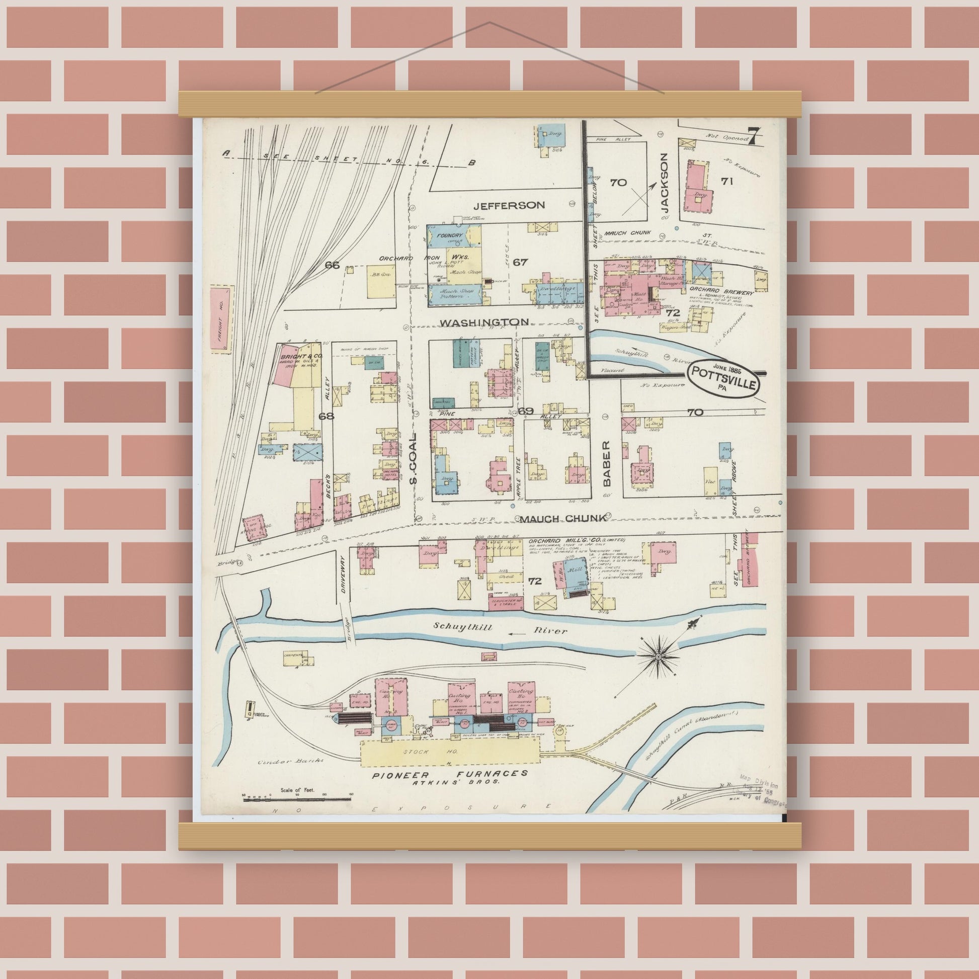 Old map wall art mockup — magnetic wood frame on brick wall — Sanborn Fire Insurance Map from Pottsville, Schuylkill County, Pennsylvania (1885), Sheet #0007