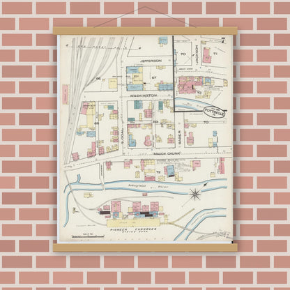 Old map wall art mockup — magnetic wood frame on brick wall — Sanborn Fire Insurance Map from Pottsville, Schuylkill County, Pennsylvania (1885), Sheet #0007