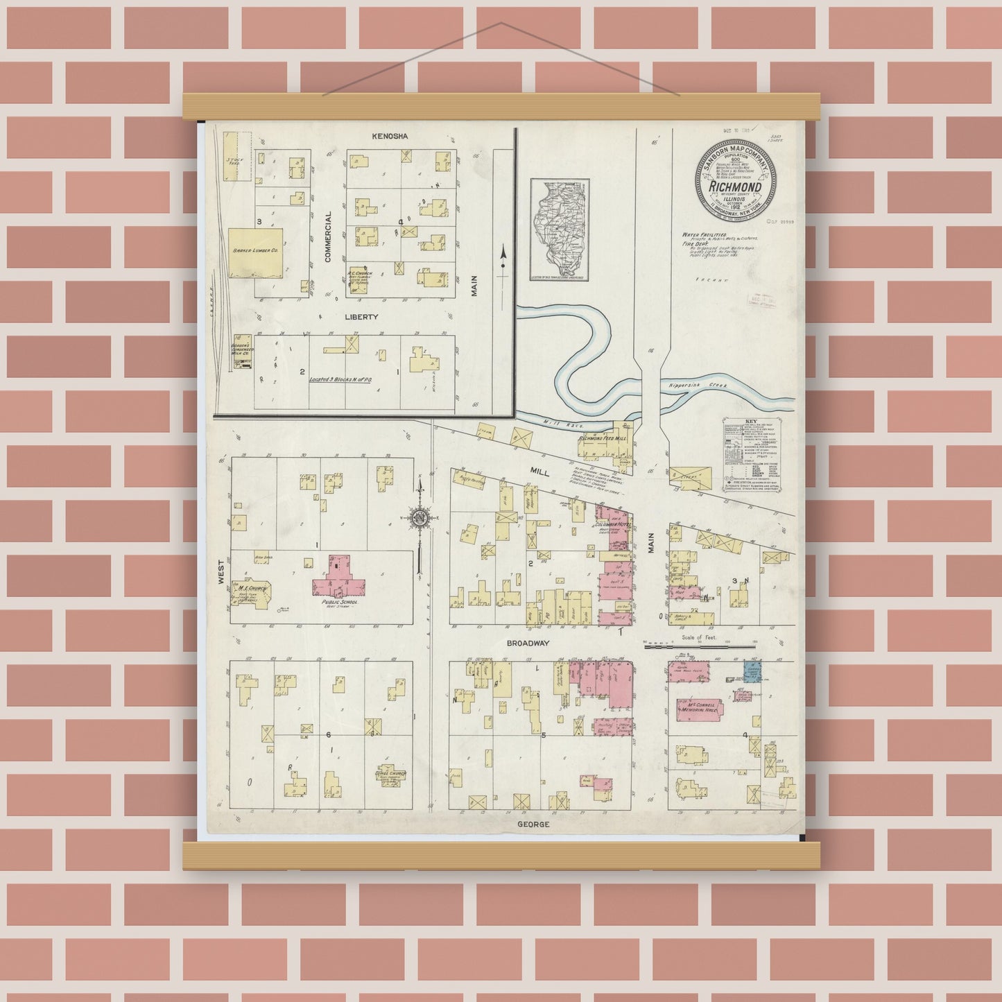 Old map wall art mockup — magnetic wood frame on brick wall — Sanborn Fire Insurance Map from Richmond, McHenry County, Illinois (1912), Sheet #0001