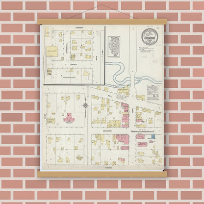 Old map wall art mockup — magnetic wood frame on brick wall — Sanborn Fire Insurance Map from Richmond, McHenry County, Illinois (1912), Sheet #0001
