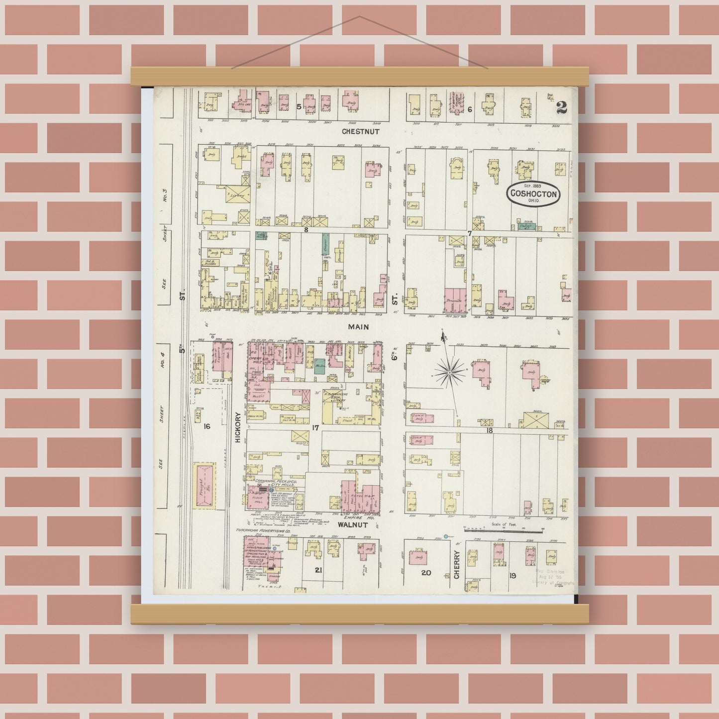 Old map wall art mockup — magnetic wood frame on brick wall — Sanborn Fire Insurance Map from Coshocton, Coshocton County, Ohio (1889), Sheet #0002