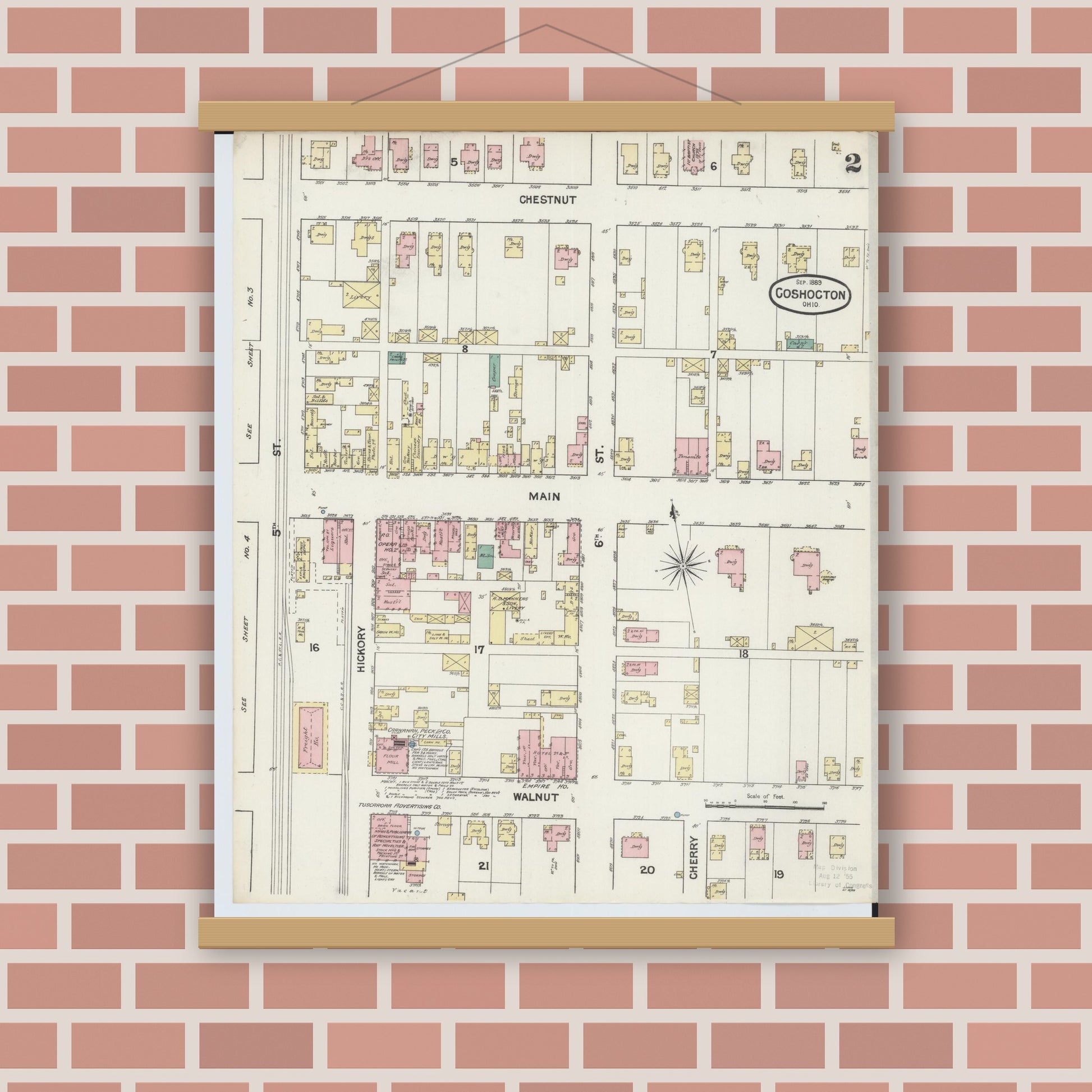 Old map wall art mockup — magnetic wood frame on brick wall — Sanborn Fire Insurance Map from Coshocton, Coshocton County, Ohio (1889), Sheet #0002