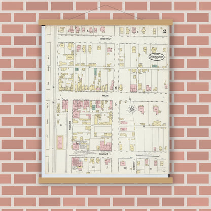 Old map wall art mockup — magnetic wood frame on brick wall — Sanborn Fire Insurance Map from Coshocton, Coshocton County, Ohio (1889), Sheet #0002