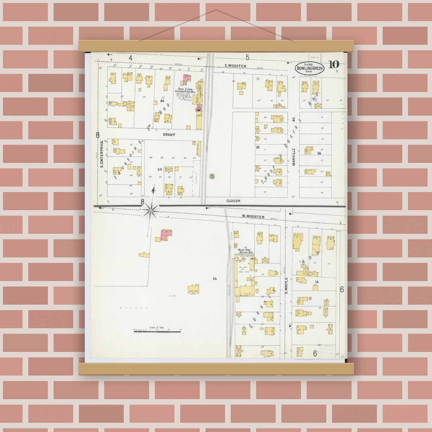 Old map wall art mockup — magnetic wood frame on brick wall — Sanborn Fire Insurance Map from Bowling Green, Wood County, Ohio (1900), Sheet #0010