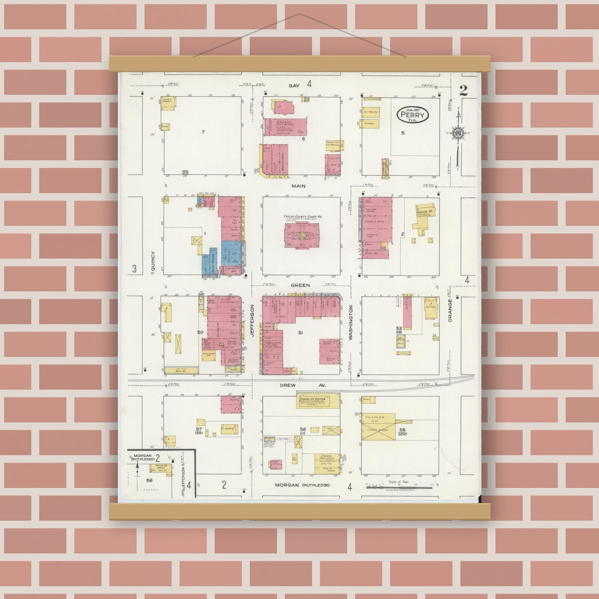 Old map wall art mockup — magnetic wood frame on brick wall — Sanborn Fire Insurance Map from Perry, Taylor County, Florida (1917), Sheet #0002