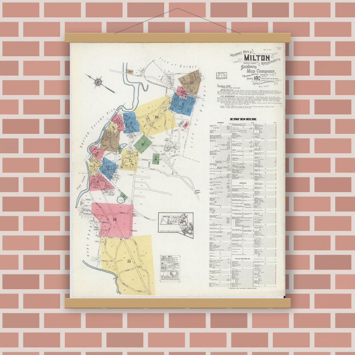 Old map wall art mockup — magnetic wood frame on brick wall — Sanborn Fire Insurance Map from Milton, Norfolk County, Massachusetts (1917) - Complete Map Set