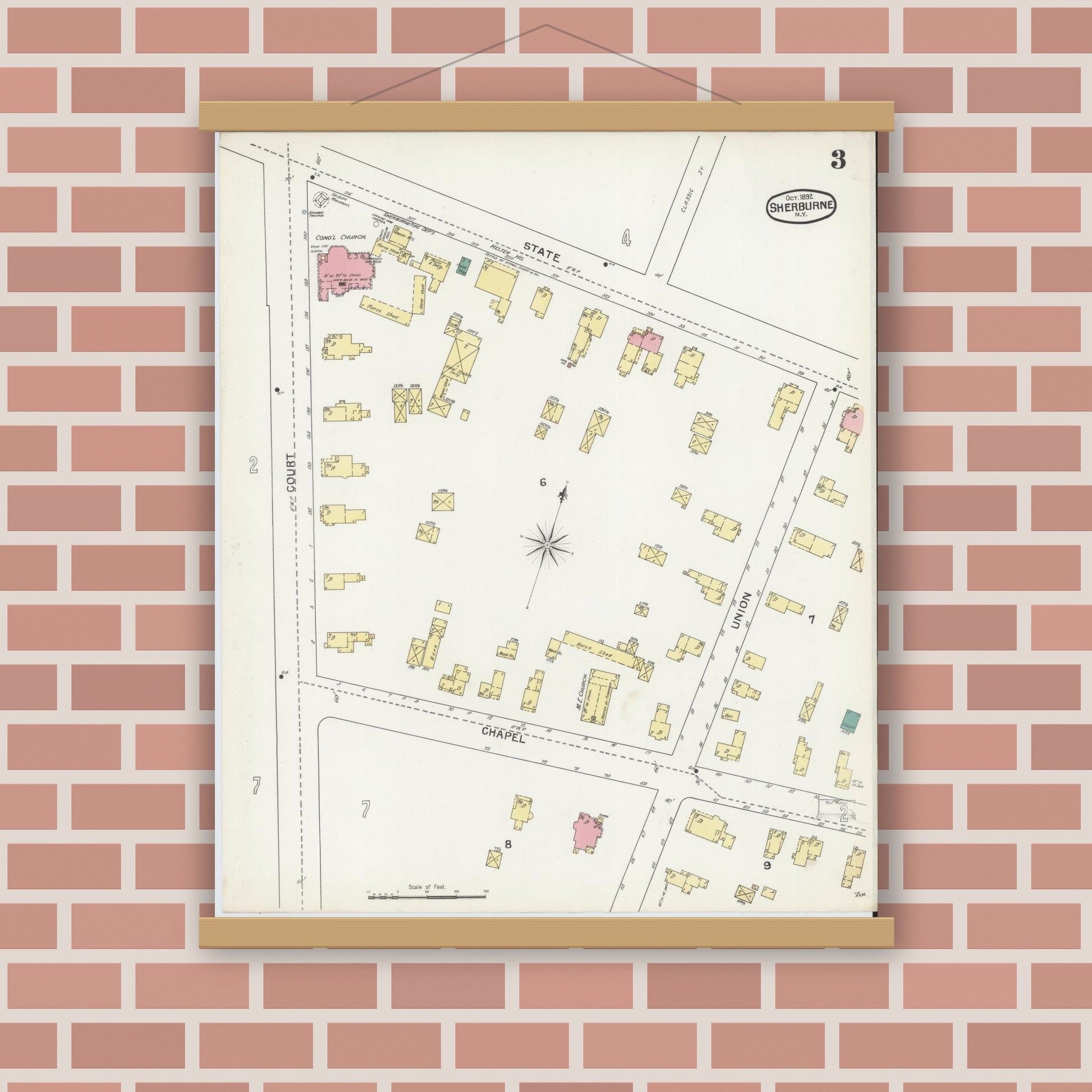 Old map wall art mockup — magnetic wood frame on brick wall — Sanborn Fire Insurance Map from Sherburne, Chenango County, New York (1892), Sheet #0003