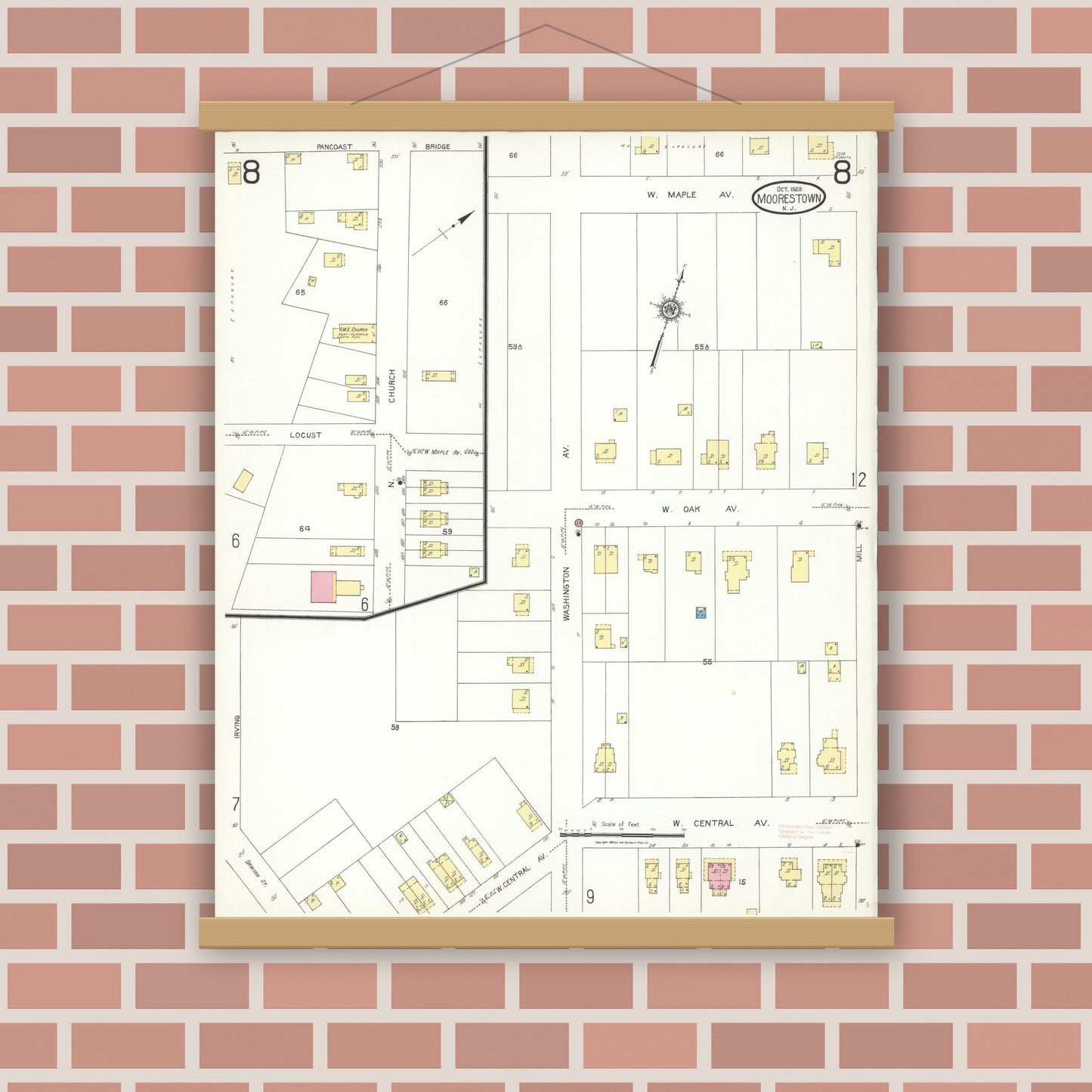 Old map wall art mockup — magnetic wood frame on brick wall — Sanborn Fire Insurance Map from Moorestown, Burlington County, New Jersey (1923), Sheet #0008