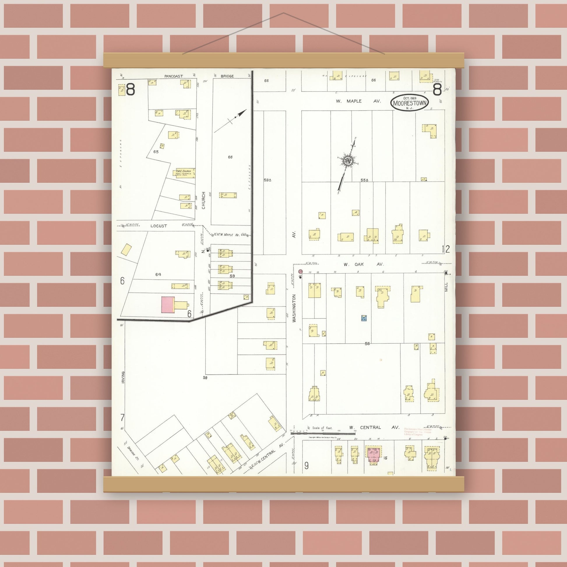 Old map wall art mockup — magnetic wood frame on brick wall — Sanborn Fire Insurance Map from Moorestown, Burlington County, New Jersey (1923), Sheet #0008
