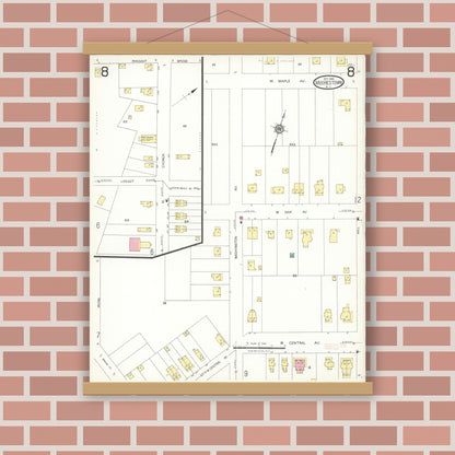Old map wall art mockup — magnetic wood frame on brick wall — Sanborn Fire Insurance Map from Moorestown, Burlington County, New Jersey (1923), Sheet #0008