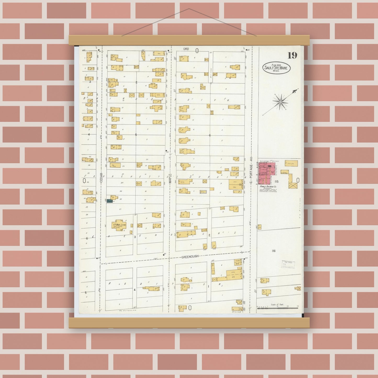Old map wall art mockup — magnetic wood frame on brick wall — Sanborn Fire Insurance Map from Sault Sainte Marie, Chippewa County, Michigan (1906), Sheet #0019
