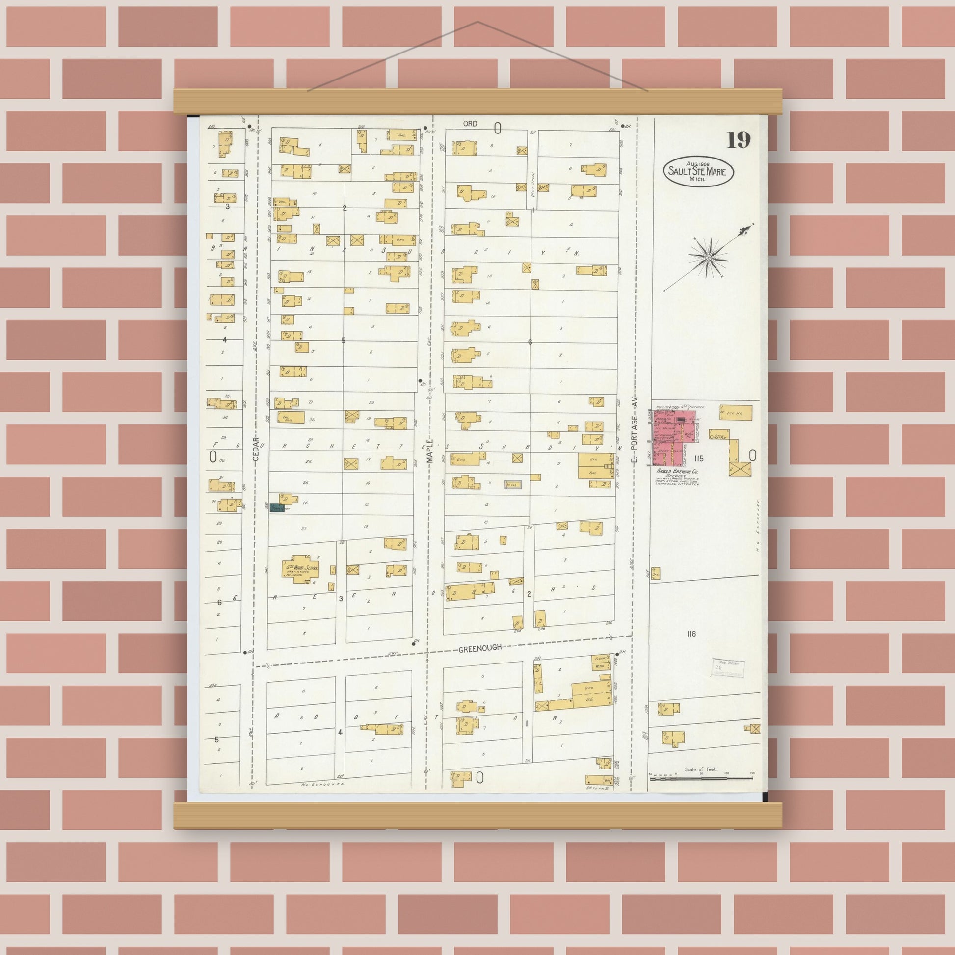 Old map wall art mockup — magnetic wood frame on brick wall — Sanborn Fire Insurance Map from Sault Sainte Marie, Chippewa County, Michigan (1906), Sheet #0019