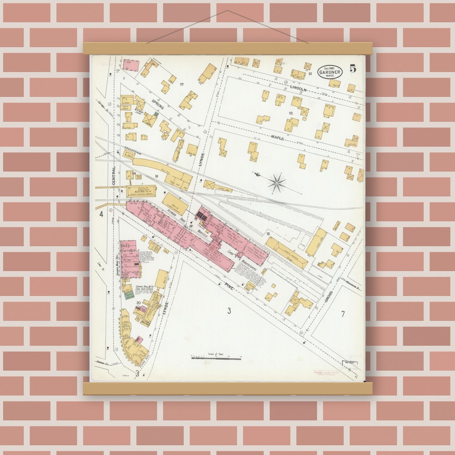 Old map wall art mockup — magnetic wood frame on brick wall — Sanborn Fire Insurance Map from Gardner, Worcester County, Massachusetts (1900), Sheet #0005