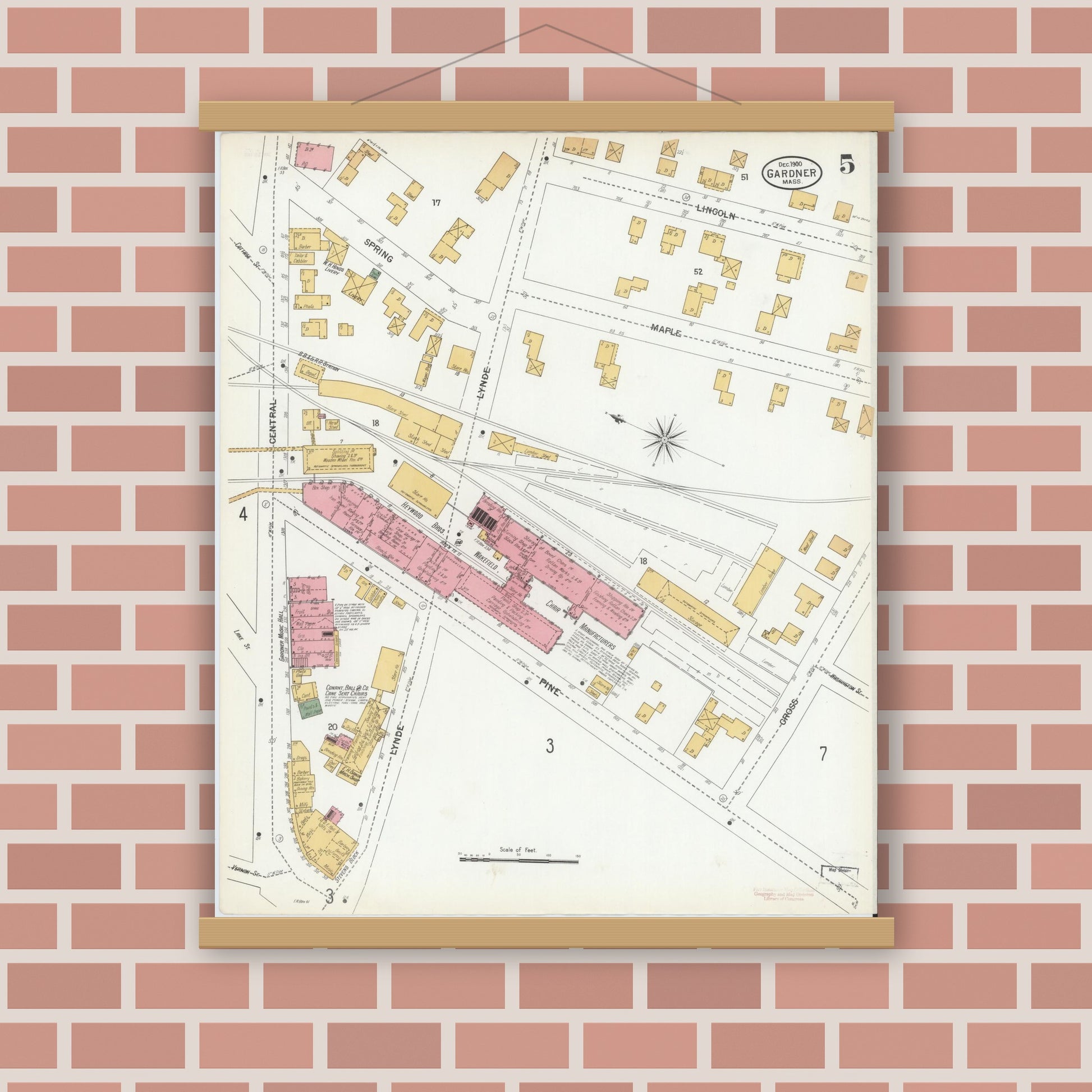Old map wall art mockup — magnetic wood frame on brick wall — Sanborn Fire Insurance Map from Gardner, Worcester County, Massachusetts (1900), Sheet #0005