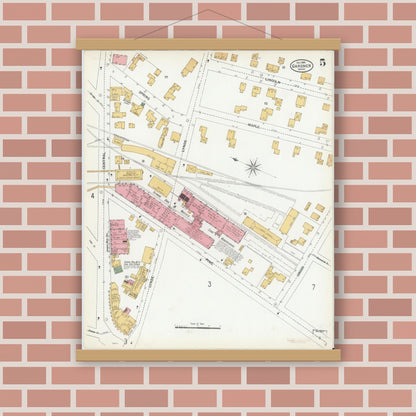 Old map wall art mockup — magnetic wood frame on brick wall — Sanborn Fire Insurance Map from Gardner, Worcester County, Massachusetts (1900), Sheet #0005