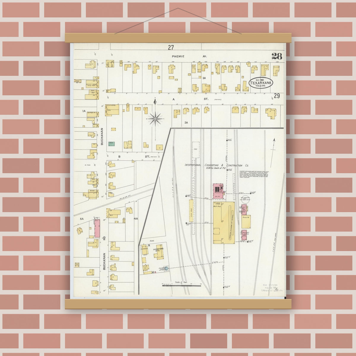 Old map wall art mockup — magnetic wood frame on brick wall — Sanborn Fire Insurance Map from Texarkana, Bowie County, Texas (1905), Sheet #0028