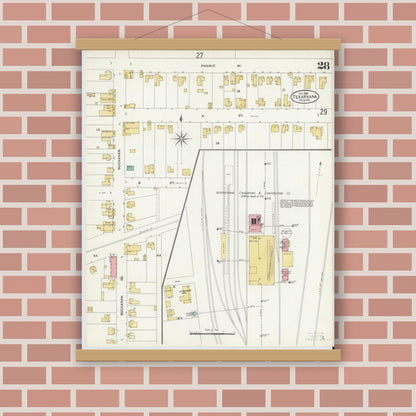 Old map wall art mockup — magnetic wood frame on brick wall — Sanborn Fire Insurance Map from Texarkana, Bowie County, Texas (1905), Sheet #0028