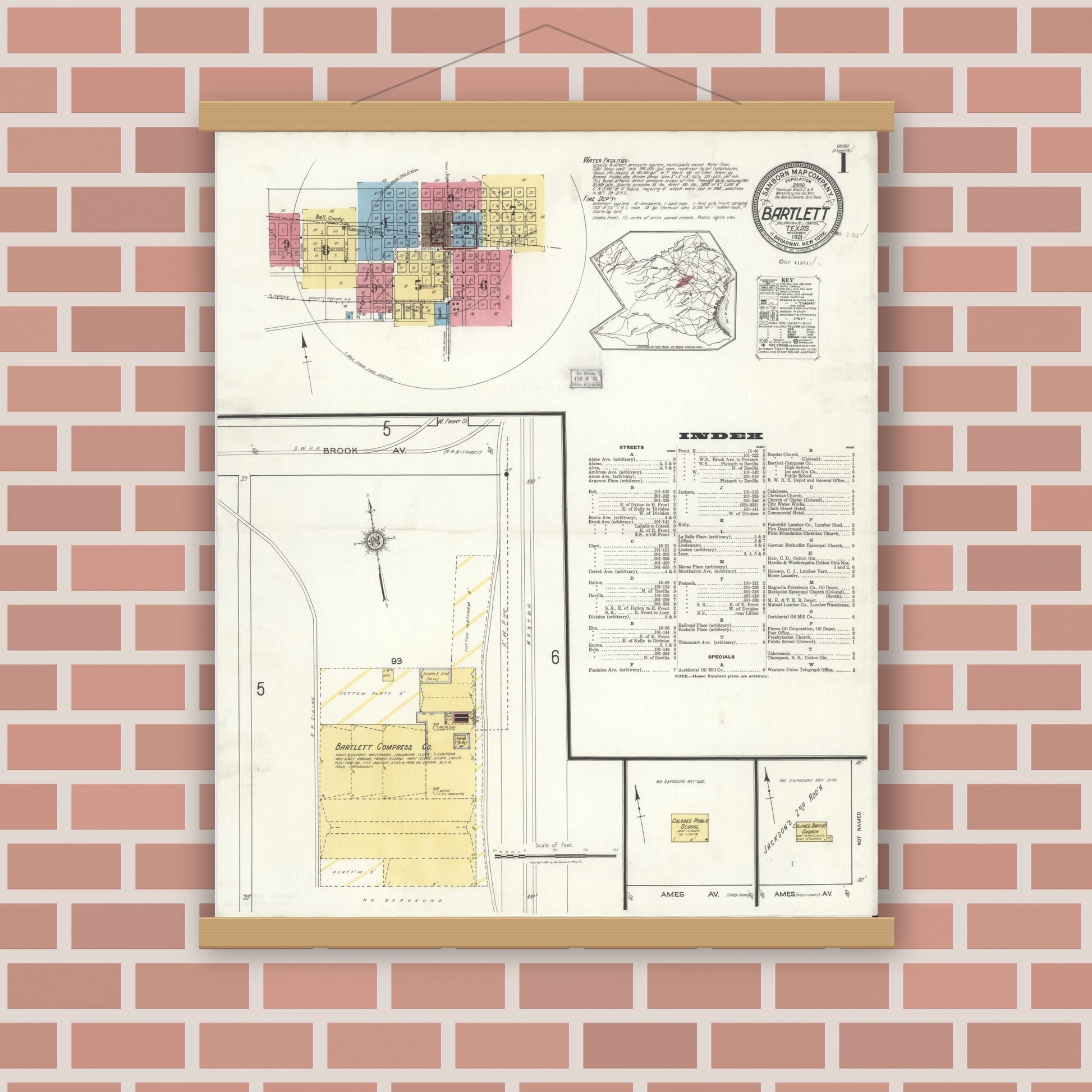 Old map wall art mockup — magnetic wood frame on brick wall — Sanborn Fire Insurance Map from Bartlett, Bell and Williamson Counties, Texas (1921) - Complete Map Set