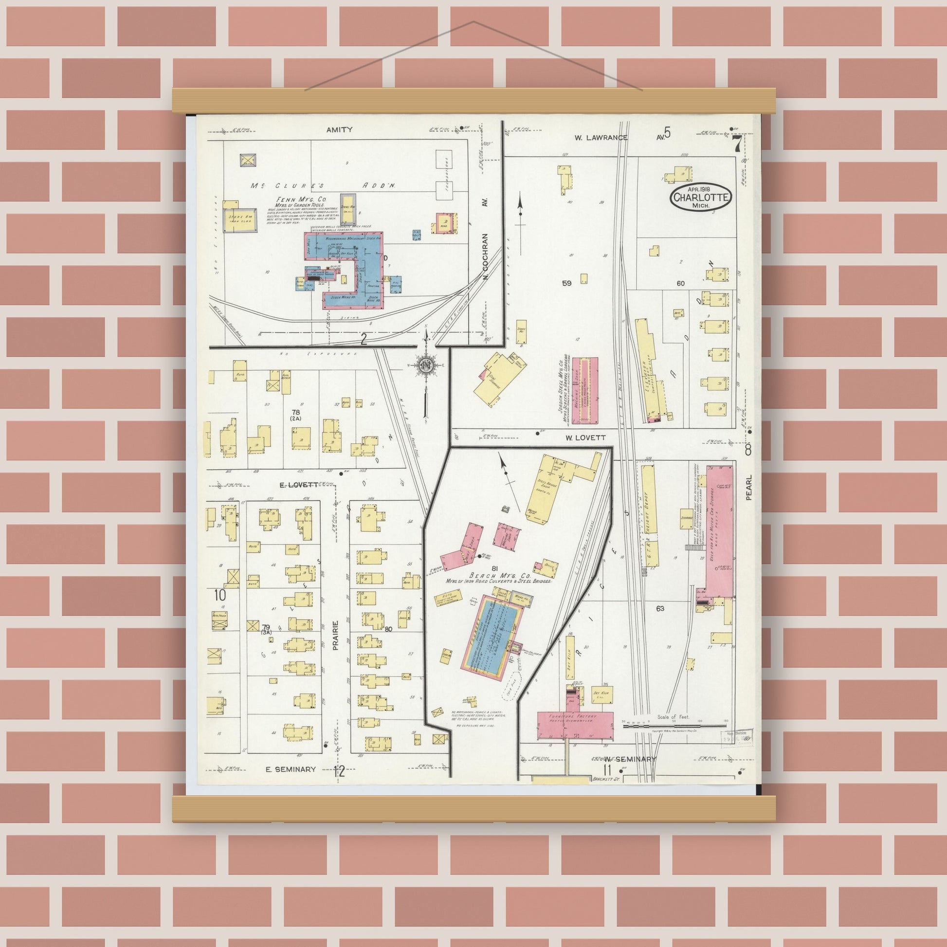 Old map wall art mockup — magnetic wood frame on brick wall — Sanborn Fire Insurance Map from Charlotte, Eaton County, Michigan (1918), Sheet #0007