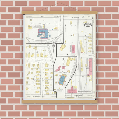 Old map wall art mockup — magnetic wood frame on brick wall — Sanborn Fire Insurance Map from Charlotte, Eaton County, Michigan (1918), Sheet #0007