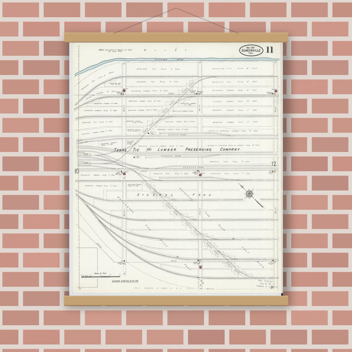 Old map wall art mockup — magnetic wood frame on brick wall — Sanborn Fire Insurance Map from Somerville, Burleson County, Texas (1910), Sheet #0011