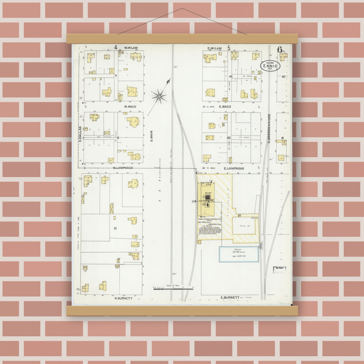 Old map wall art mockup — magnetic wood frame on brick wall — Sanborn Fire Insurance Map from Ennis, Ellis County, Texas (1901), Sheet #0006
