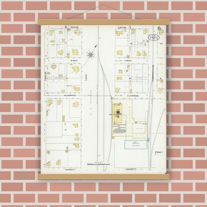 Old map wall art mockup — magnetic wood frame on brick wall — Sanborn Fire Insurance Map from Ennis, Ellis County, Texas (1901), Sheet #0006