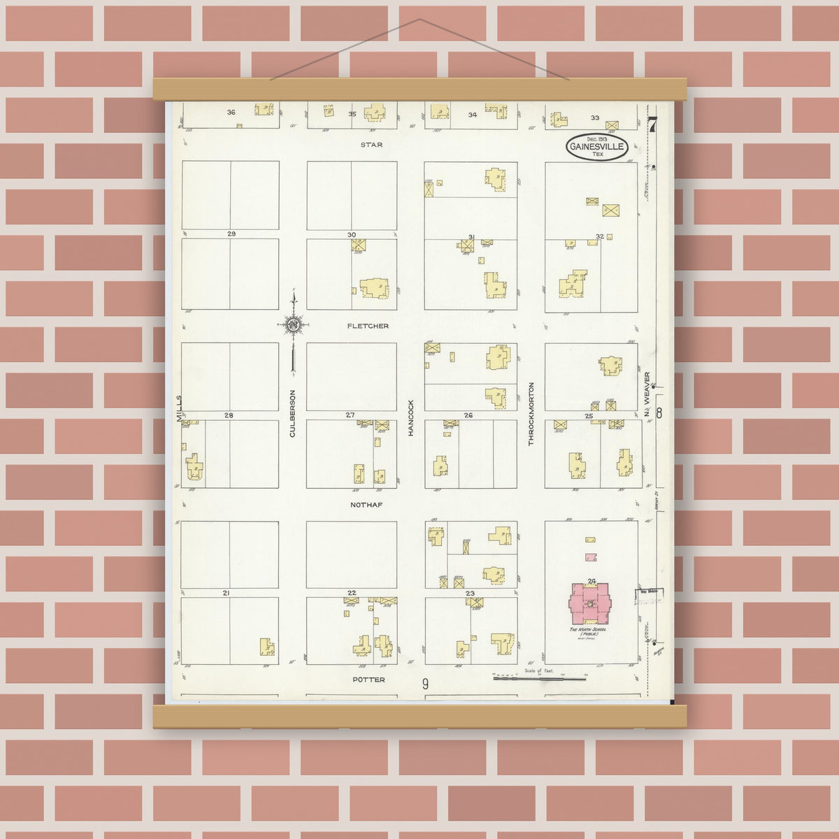 Old map wall art mockup — magnetic wood frame on brick wall — Sanborn Fire Insurance Map from Gainesville, Cooke County, Texas (1913), Sheet #0007